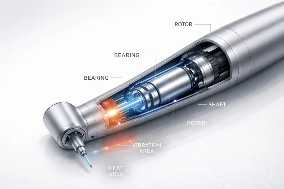 dental handpiece power transmission cutaway cutaway view of a dental handpiece showing internal power transmission from micromotor through gearbox to output shaft