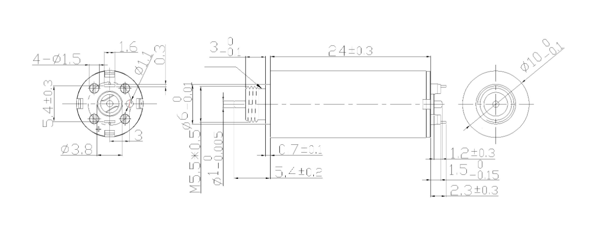 FA-1024R motor dimension drawing FA-1024R Φ10×24mm coreless brushed DC motor mechanical outline drawing