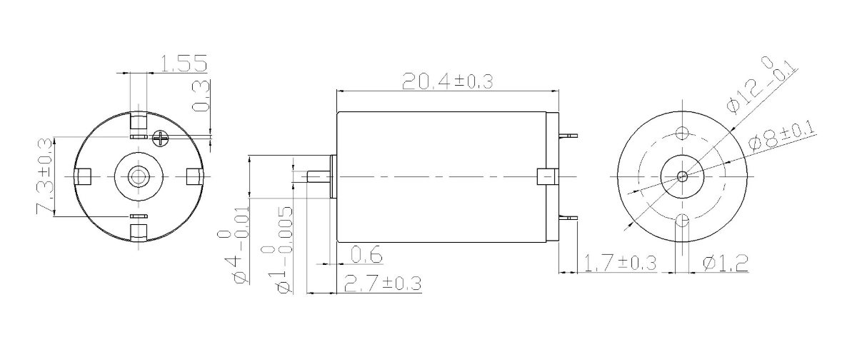 FA-1220R motor dimension drawing FA-1220R Φ12×20.4mm coreless brushed DC motor mechanical outline drawing