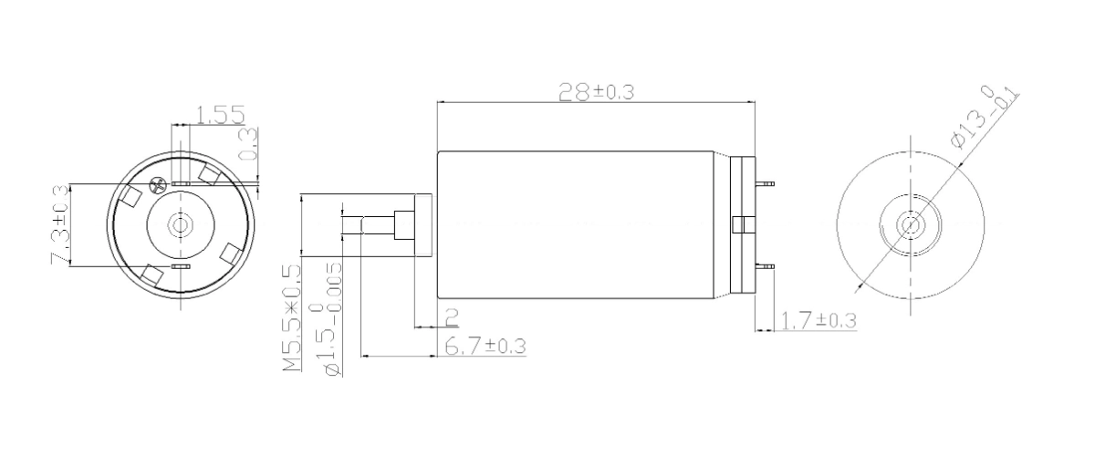 FA-1328R motor dimension drawing FA-1328R Φ13×28mm coreless brushed DC motor mechanical outline drawing