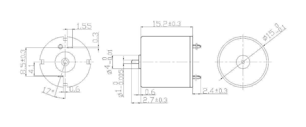 FA-1515R motor dimension drawing FA-1515R Φ15×15.2mm coreless brushed DC motor mechanical outline drawing