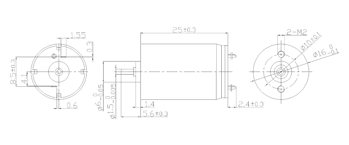 FA-1625R motor dimension drawing FA-1625R Φ16×25mm coreless brushed DC motor mechanical outline drawing