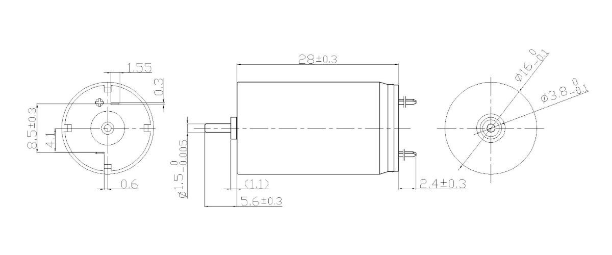 FA-1628R motor dimension drawing FA-1628R Φ16×28mm coreless brushed DC motor mechanical outline drawing