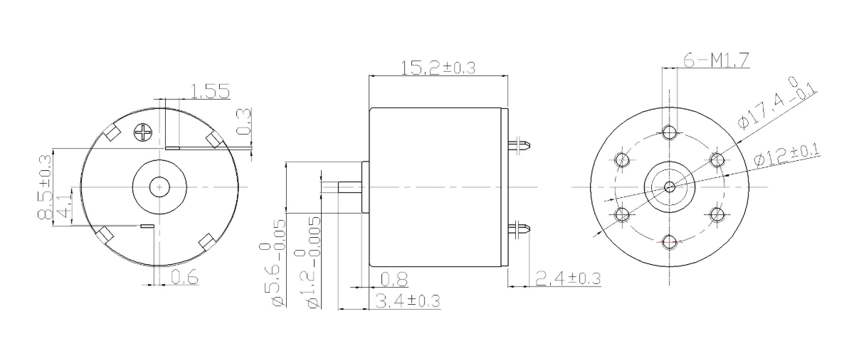 FA-1715R motor dimension drawing FA-1715R Φ17×15.2mm coreless brushed DC motor mechanical outline drawing