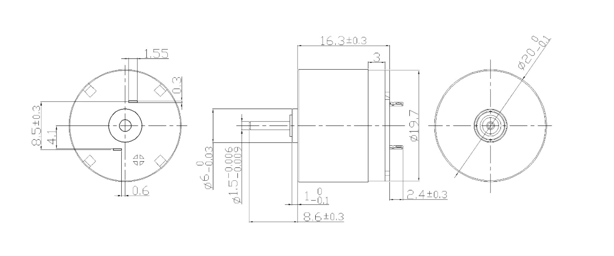 FA-2016R motor dimension drawing FA-2016R Φ20×16.3mm coreless brushed DC motor mechanical outline drawing