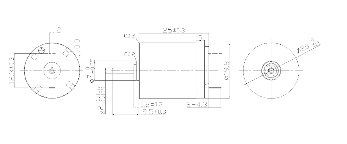FA-2025R motor dimension drawing FA-2025R Φ20×25mm coreless brushed DC motor mechanical outline drawing