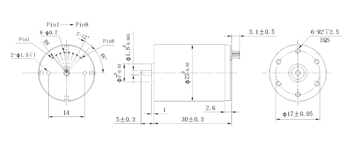 FA-2230RB motor mechanical outline drawing FA-2230RB Φ22×30mm coreless brushless DC motor dimension diagram