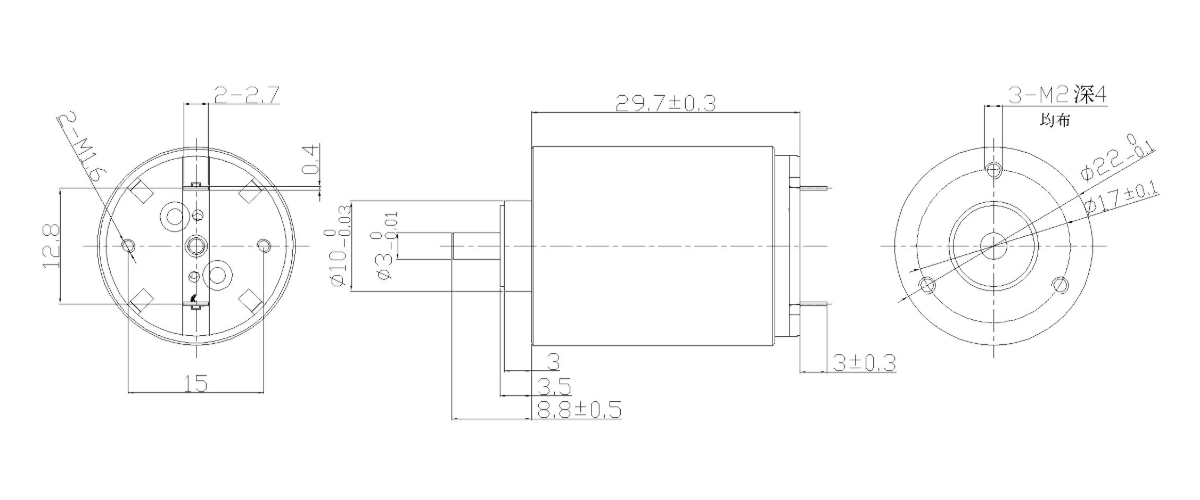 FA-2230RC motor dimension drawing FA-2230RC Φ22×29.7mm coreless brushed DC motor mechanical outline drawing