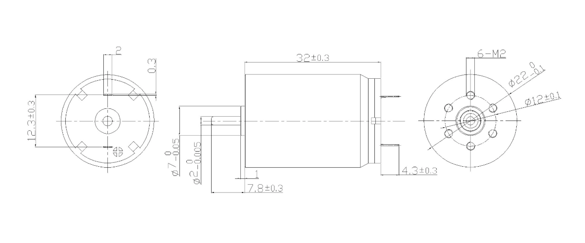 FA-2232R motor dimension drawing FA-2232R Φ22×32mm coreless brushed DC motor mechanical outline drawing