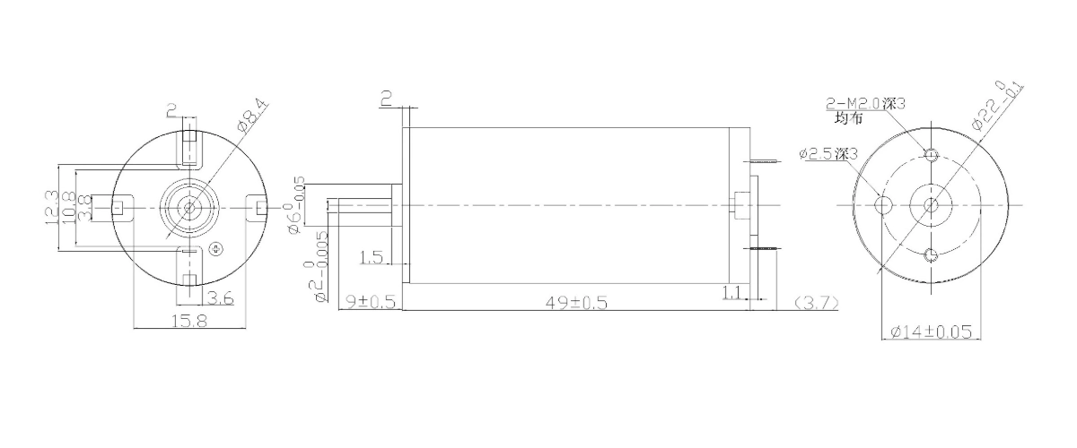 FA-2249R motor dimension drawing FA-2249R Φ22×49mm coreless brushed DC motor mechanical outline drawing