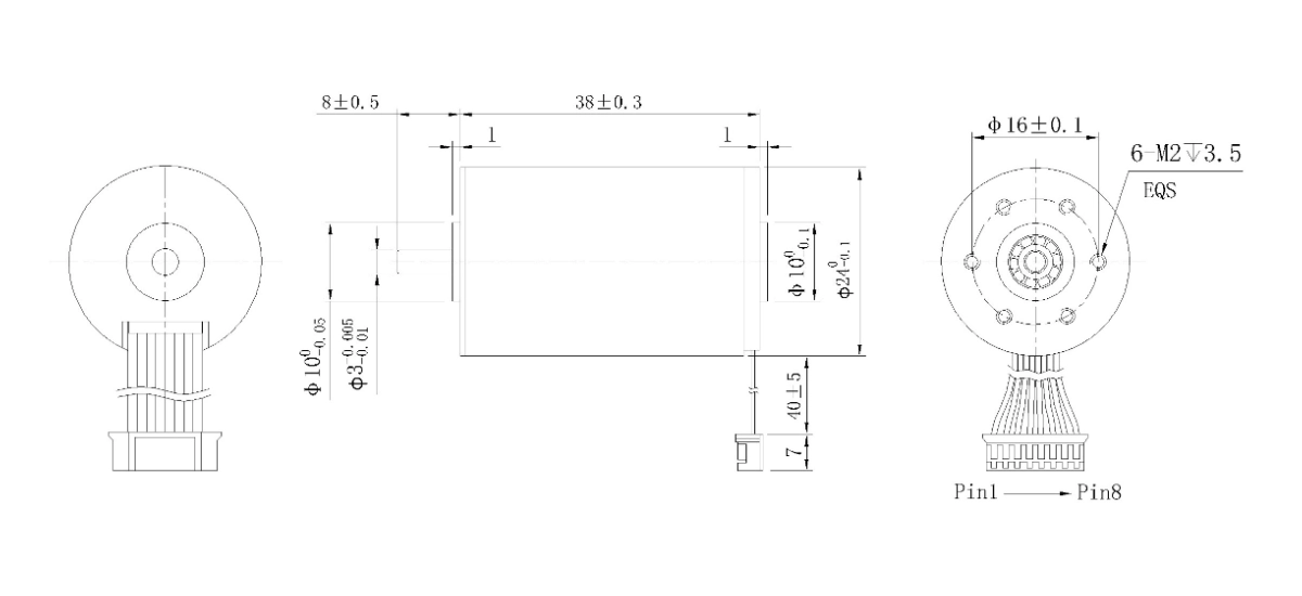 FA-2438RB motor mechanical outline drawing FA-2438RB Φ24×38mm coreless brushless DC motor dimension diagram