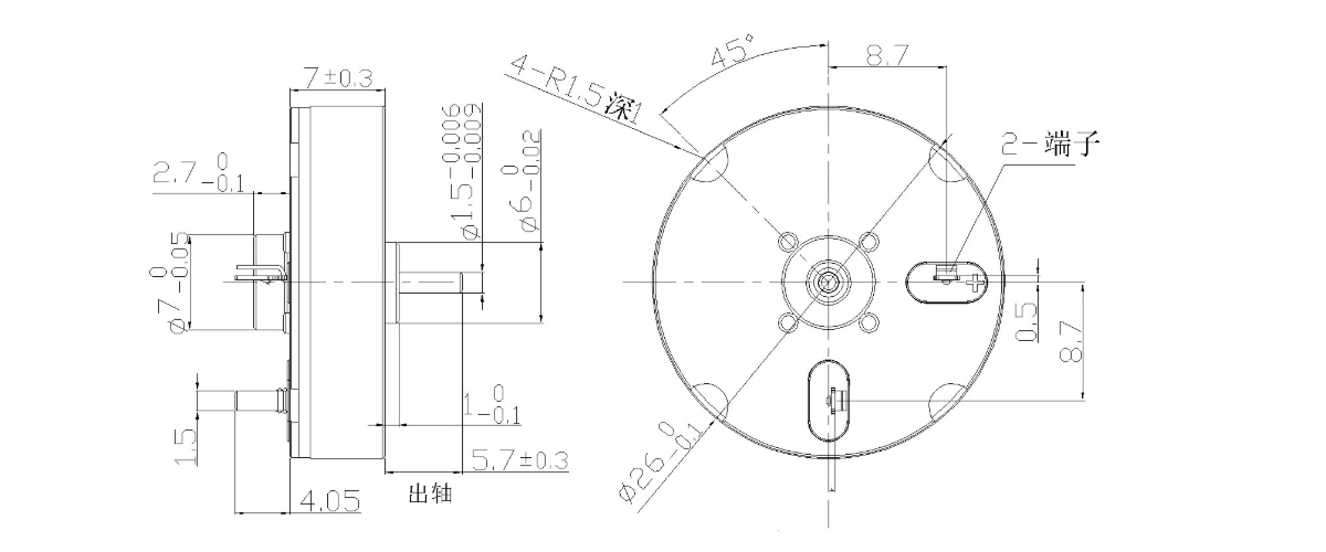 FA-2607R motor dimension drawing FA-2607R Φ26×7mm coreless brushed DC motor mechanical outline drawing