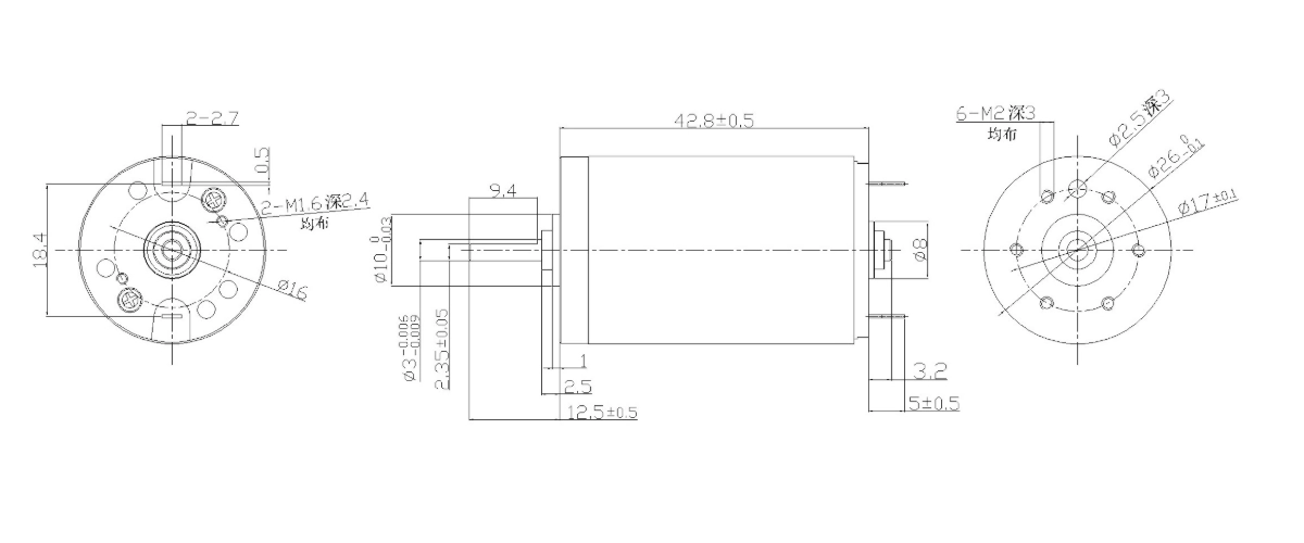 FA-2643RC motor outline dimension drawing FA-2643RC Φ26×43mm coreless brushed DC motor mechanical drawing