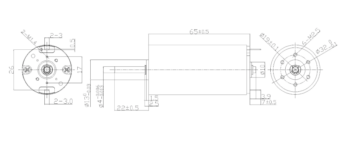 FA-3265RC motor mechanical outline drawing FA-3265RC Φ32×65mm coreless brushed DC motor dimension drawing