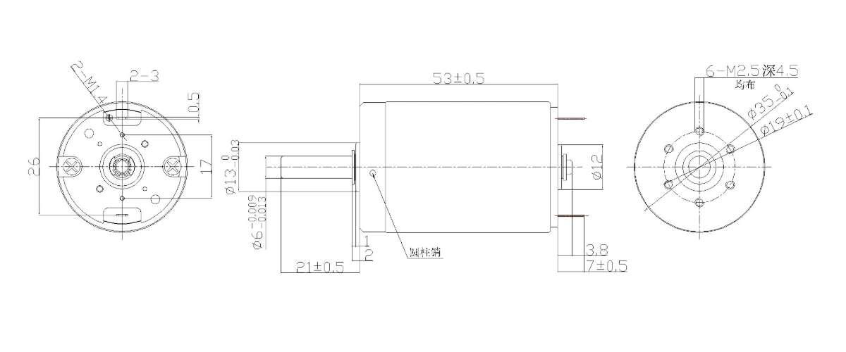 FA-3553RC motor outline dimension drawing FA-3553RC Φ35×53mm coreless brushed DC motor mechanical drawing