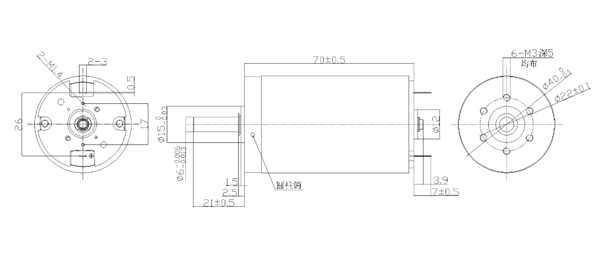 FA-4070RC motor mechanical outline drawing FA-4070RC Φ40×70mm coreless brushed DC motor dimension drawing