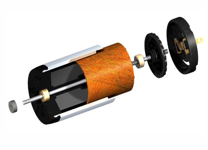 Exploded view of a coreless motor showing internal components including rotor, stator magnets, commutator and end caps