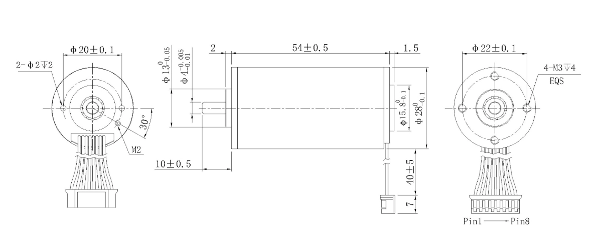 FA-2854RB mechanical outline dimension drawing FA-2854RB Φ28×54mm coreless brushless DC motor dimension diagram with wiring layout
