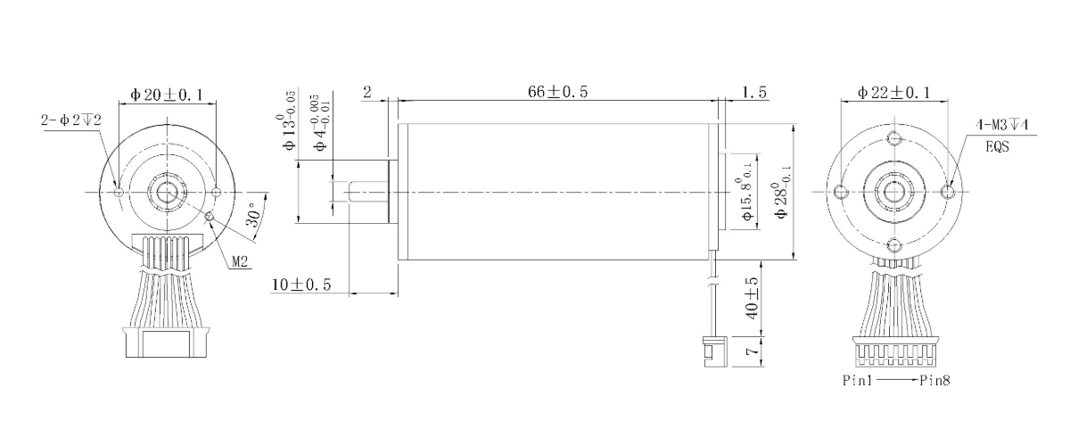 FA-2866RB mechanical outline dimension drawing FA-2866RB Φ28×66mm coreless brushless DC motor dimension diagram with pin layout