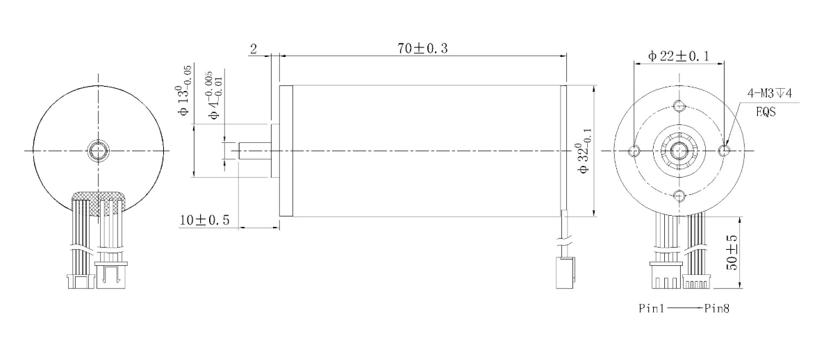 FA-3270RB mechanical outline dimension drawing FA-3270RB Φ32×70mm coreless brushless DC motor dimension diagram with split pin layout