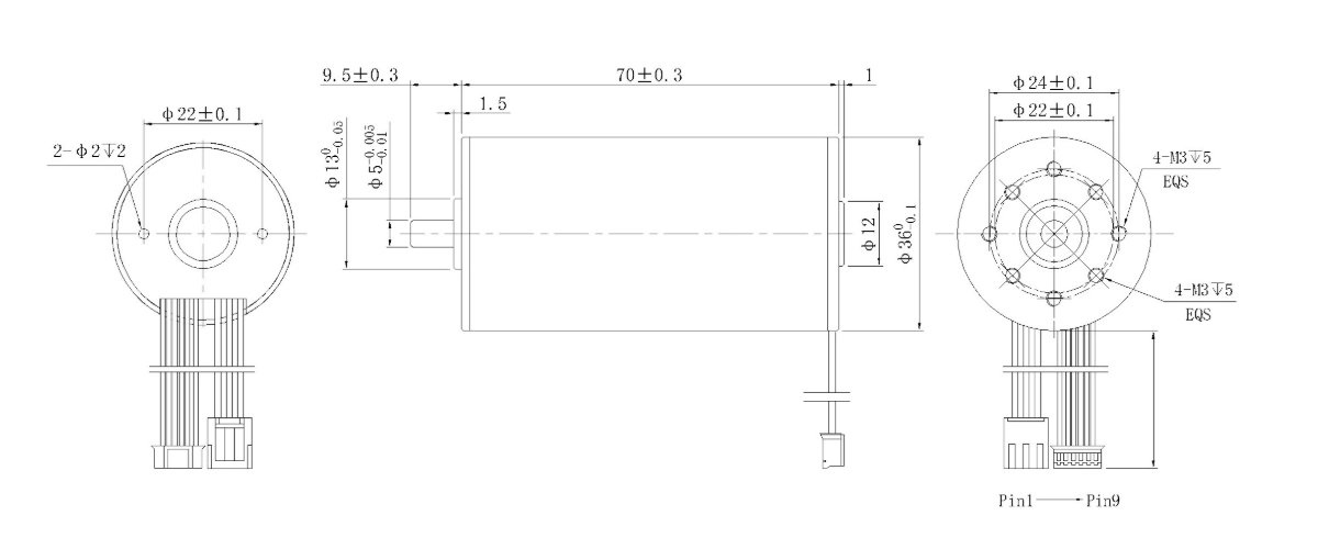 FA-3670RB mechanical outline dimension drawing FA-3670RB Φ36×70mm coreless brushless DC motor dimension diagram with wiring & pin layout
