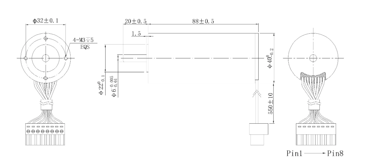 FA-4088RB mechanical outline dimension drawing FA-4088RB Φ40×88mm coreless brushless DC motor dimension diagram with Phoenix terminal pin layout