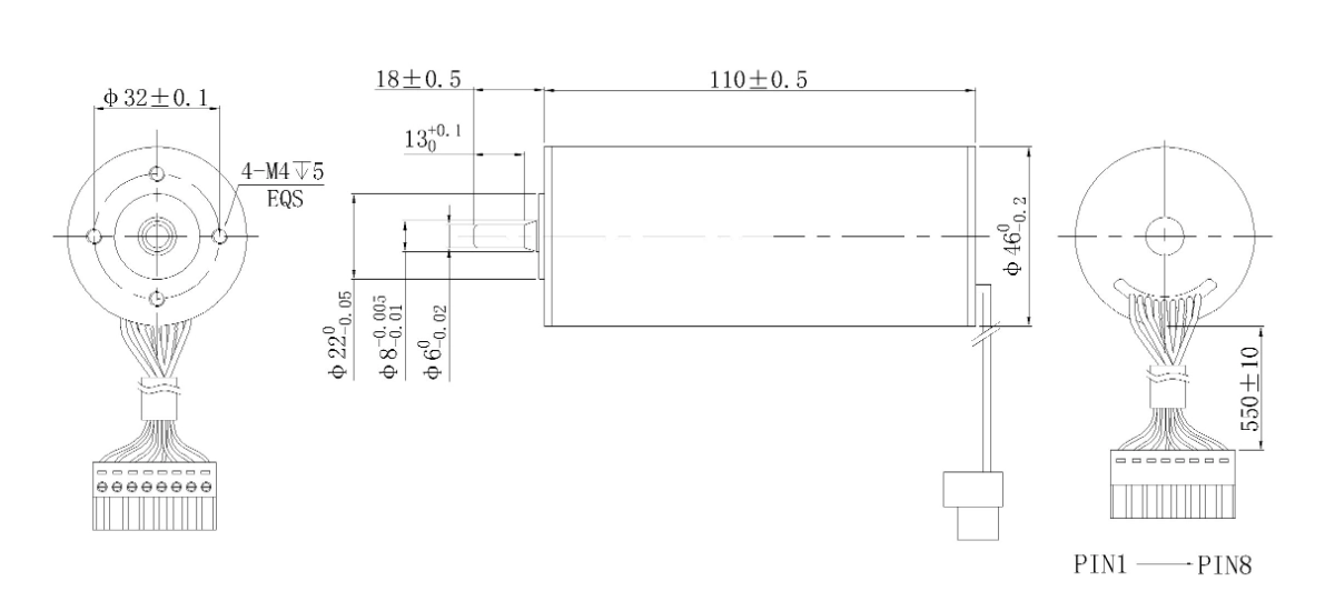 FA-46110RB mechanical outline dimension drawing FA-46110RB Φ46×110mm coreless brushless DC motor dimension diagram with Phoenix terminal pin layout
