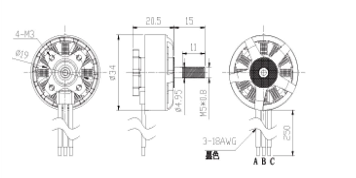 FA-2807 outer rotor motor dimension & mounting drawing Outline size, shaft and base hole schematic of FA-2807 outrunner BLDC motor