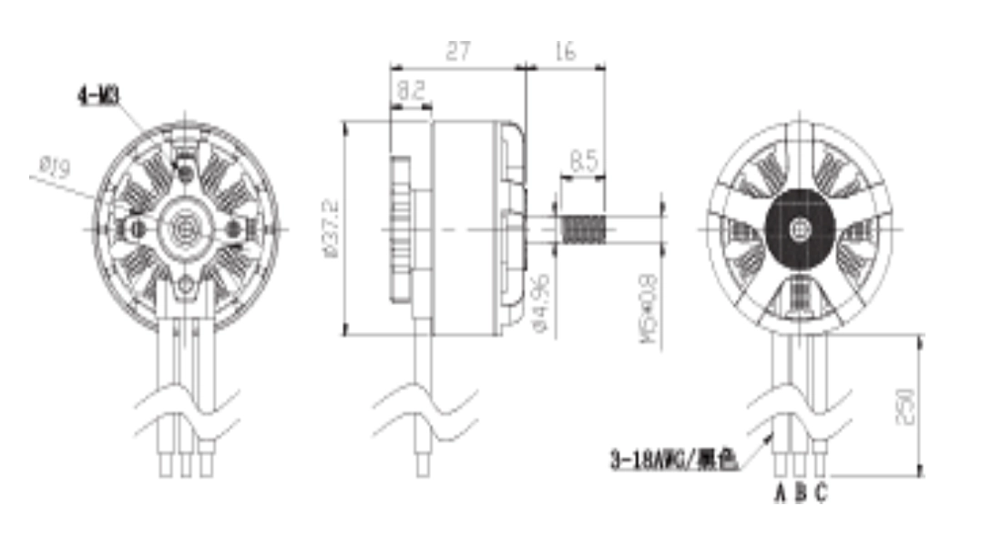 FA-3110 outer rotor motor dimension & mounting drawing Outline size, shaft and base hole schematic of FA-3110 outrunner BLDC motor