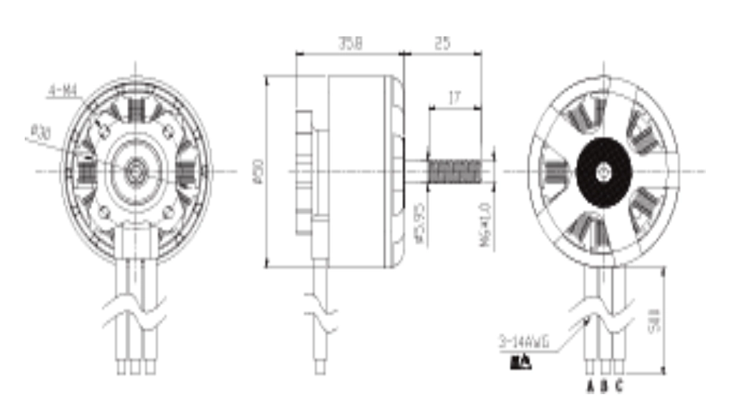 Outline size, shaft and base hole schematic of FA-4214 heavy-load outrunner BLDC motor