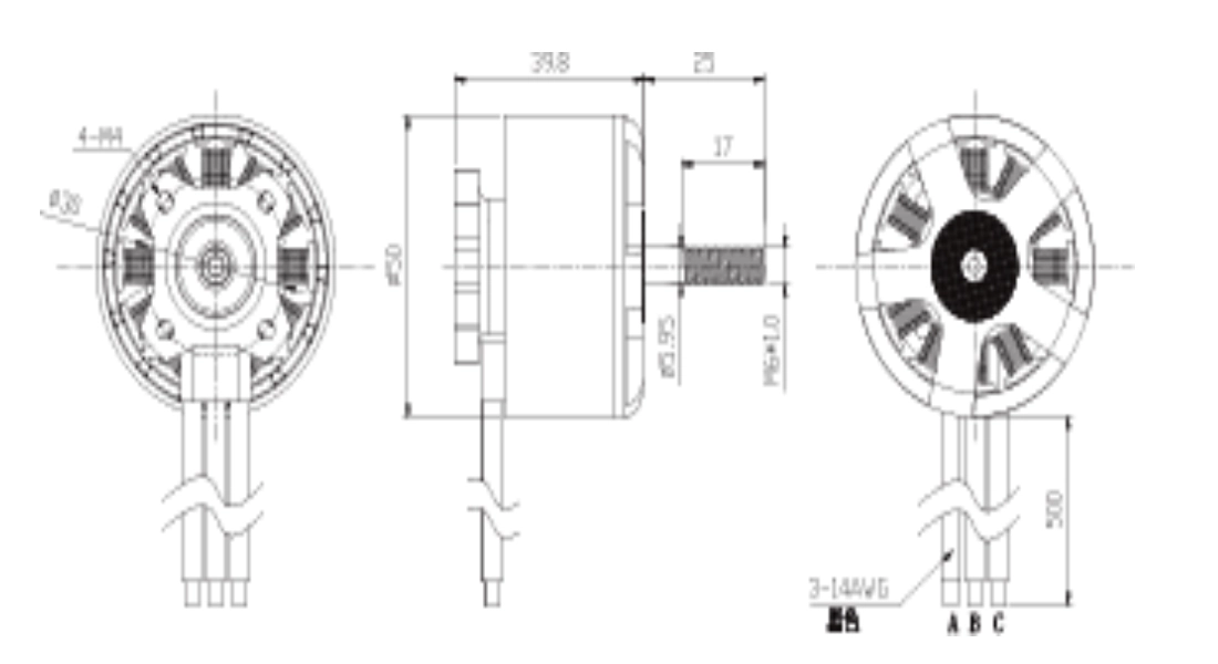 FA-4218 outer rotor motor dimension & mounting drawing Outline size, shaft and base hole schematic of FA-4218 heavy-load outrunner BLDC motor