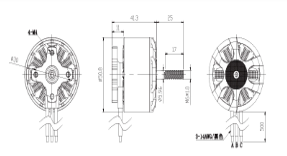 FA-4320 outer rotor motor dimension & mounting drawing Outline size, shaft and base hole schematic of FA-4320 ultra high-power outrunner BLDC motor