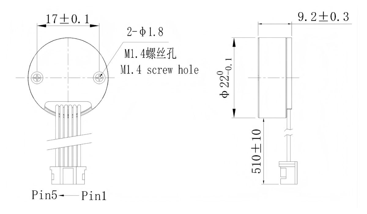 FA-Φ22mm built-in servo driver mounting drawing & 5pin terminal pinout Installation outline and wiring pin assignment of FA-22mm integrated servo driver