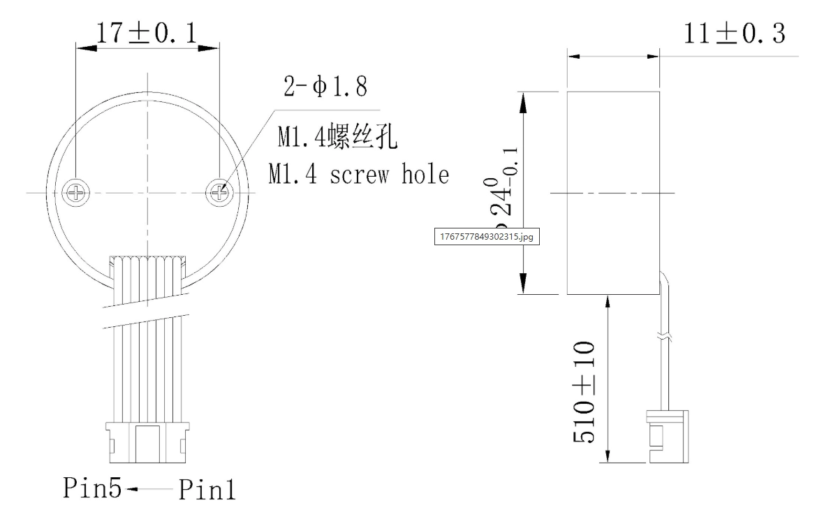 FA-Φ24mm built-in servo driver mounting drawing & 5pin terminal pinout Installation outline and wiring pin assignment of FA-24mm integrated servo driver