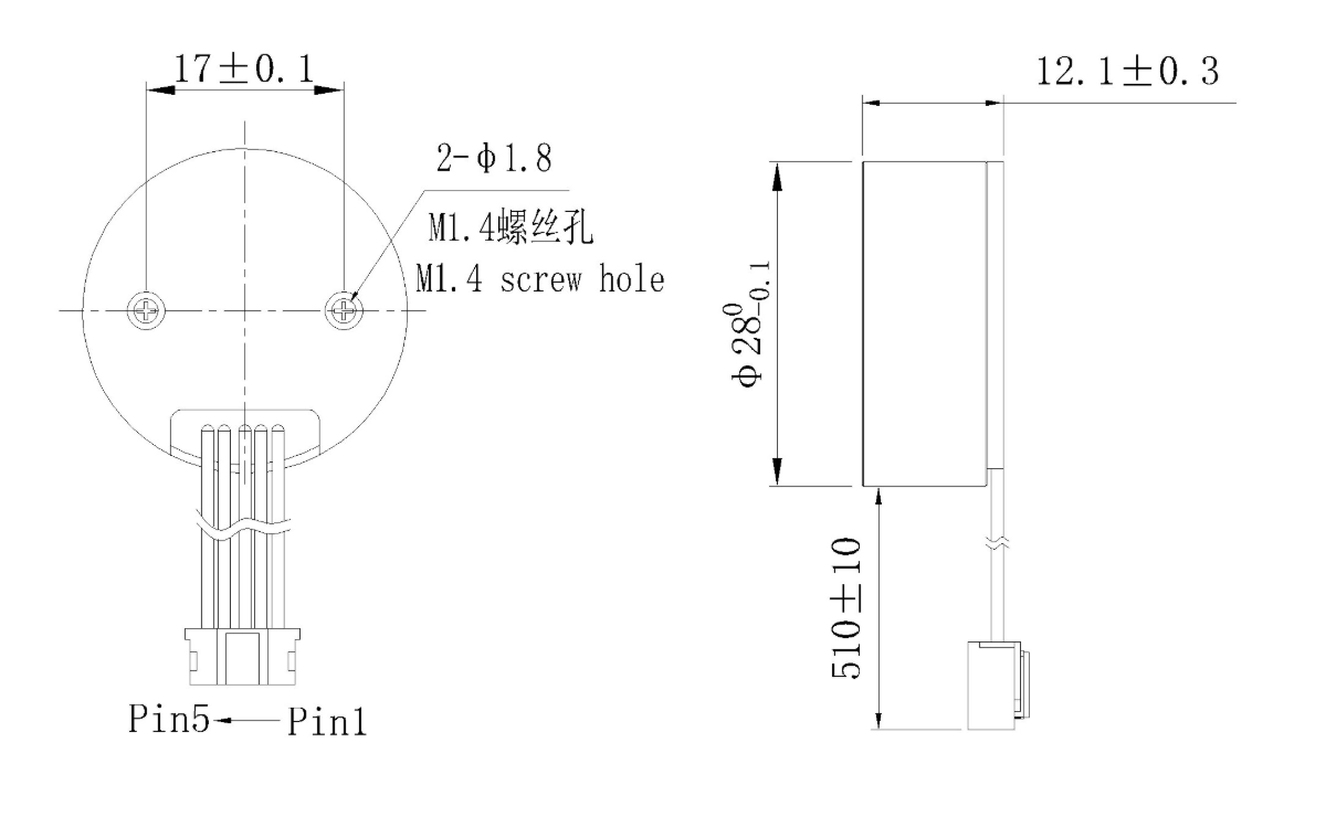 FA-Φ28mm built-in servo driver mounting drawing & 5pin terminal pinout Installation outline and wiring pin assignment of FA-28mm integrated servo driver
