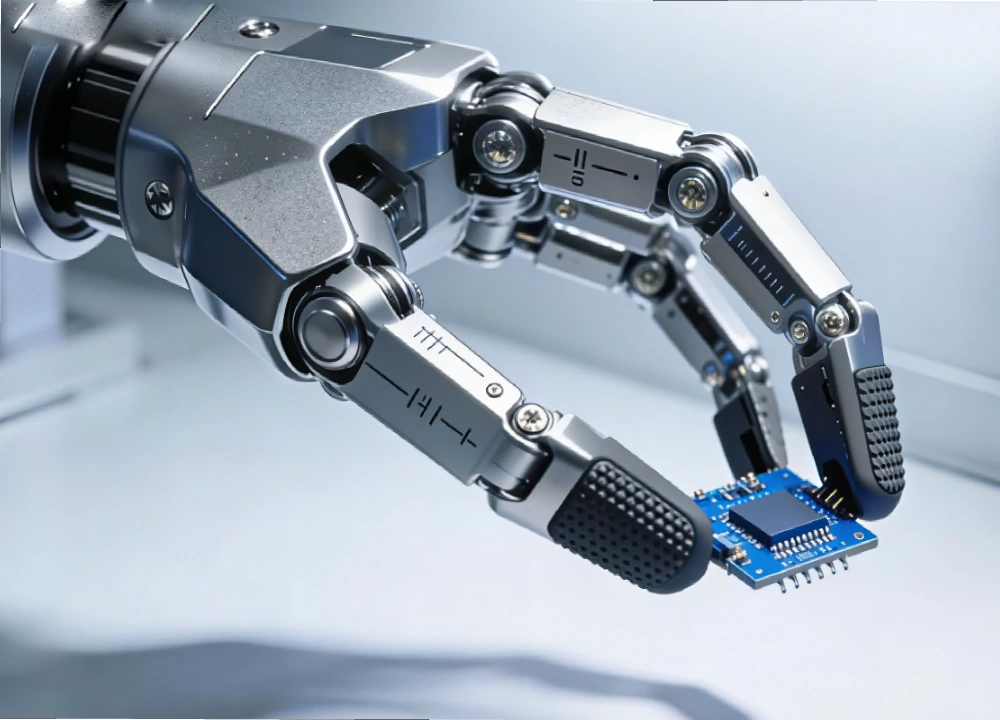 Metal robotic hand gripping a circuit board, advanced robot finger technology Metal robotic hand gripping a circuit board, advanced robot finger technology