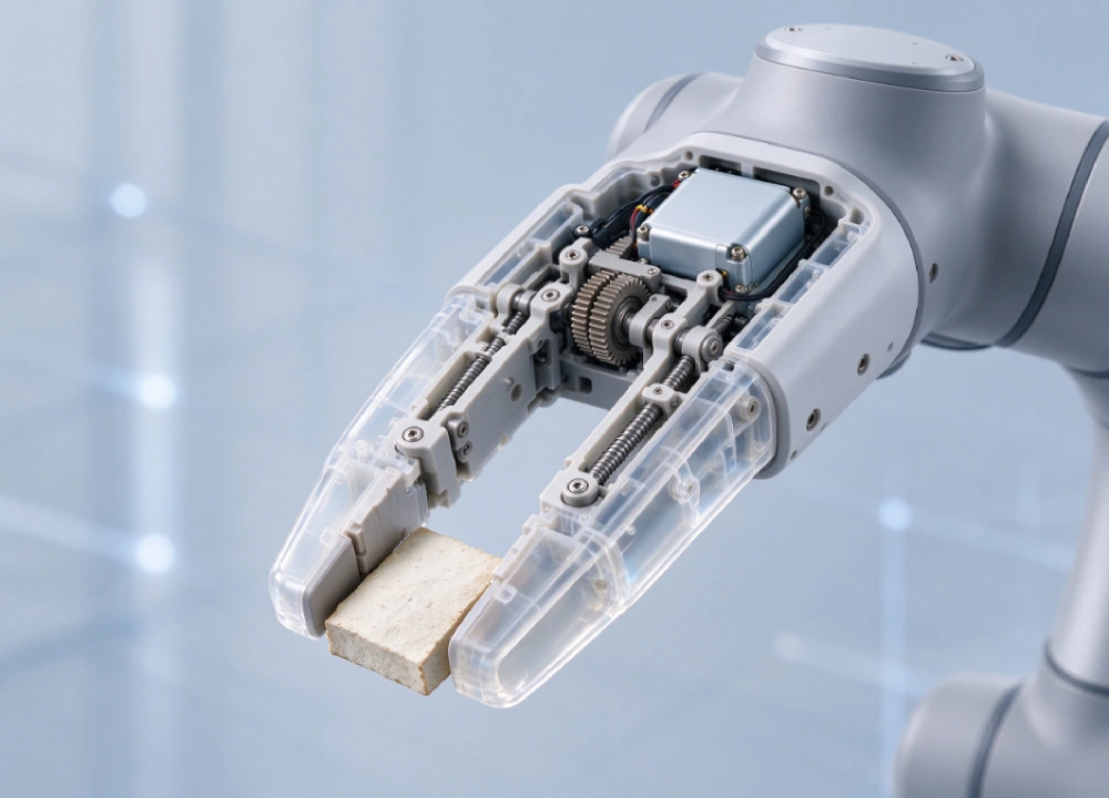 Transparent robotic gripper showing internal motor and gear structure Transparent robotic gripper showing internal motor and gear structure